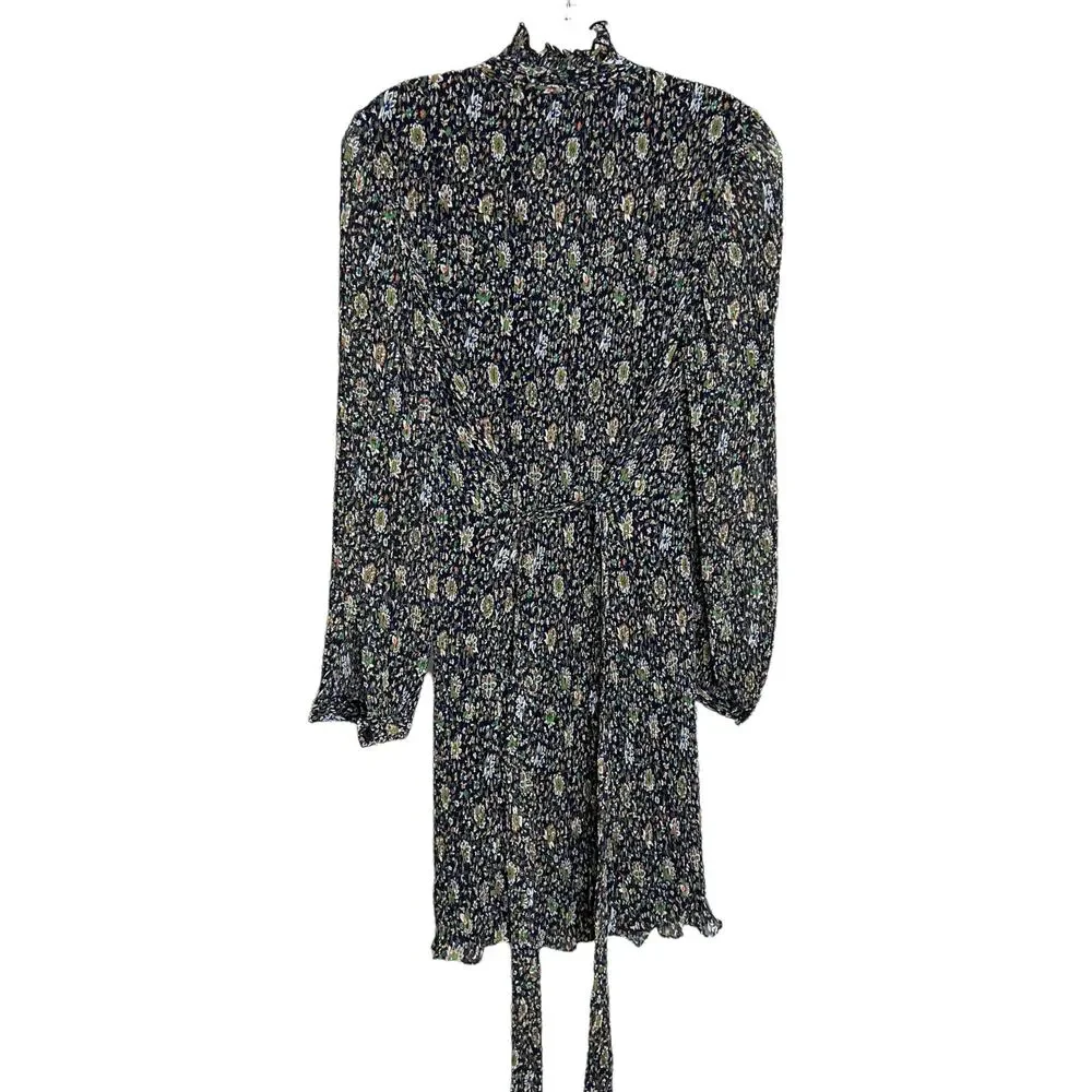 Tory Burch Women's‎ Sz 2 Midi Shift Dress Livia Navy Iris Garden Pleated Tie